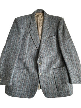Vintage Harris Tweed Blazer Mens 46L Light Blue Gray Sport Jacket Patch Pocket
